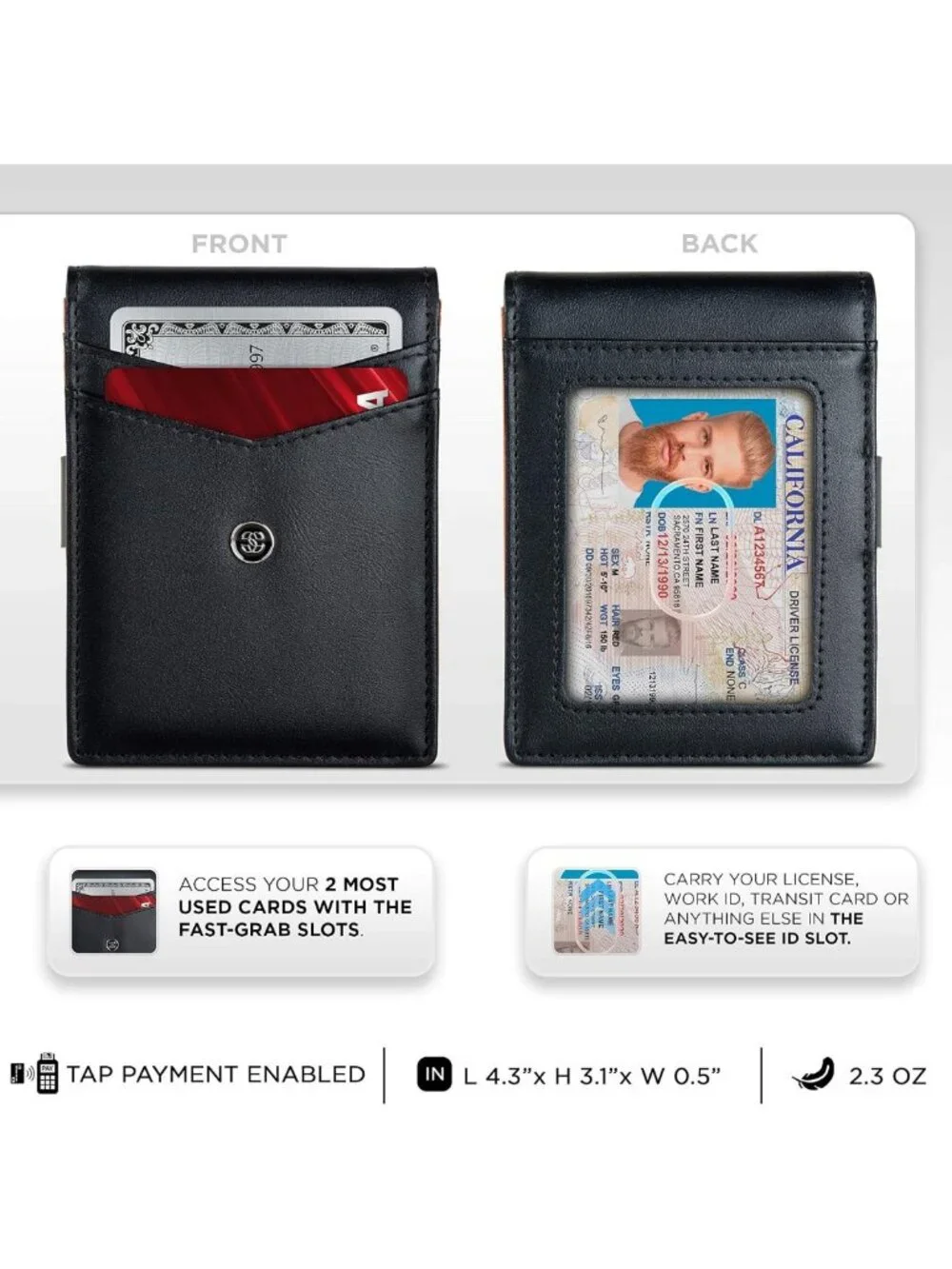 Minimalist Slim Bifold Wallet with Money Clip & ID Window, RFID Blocking